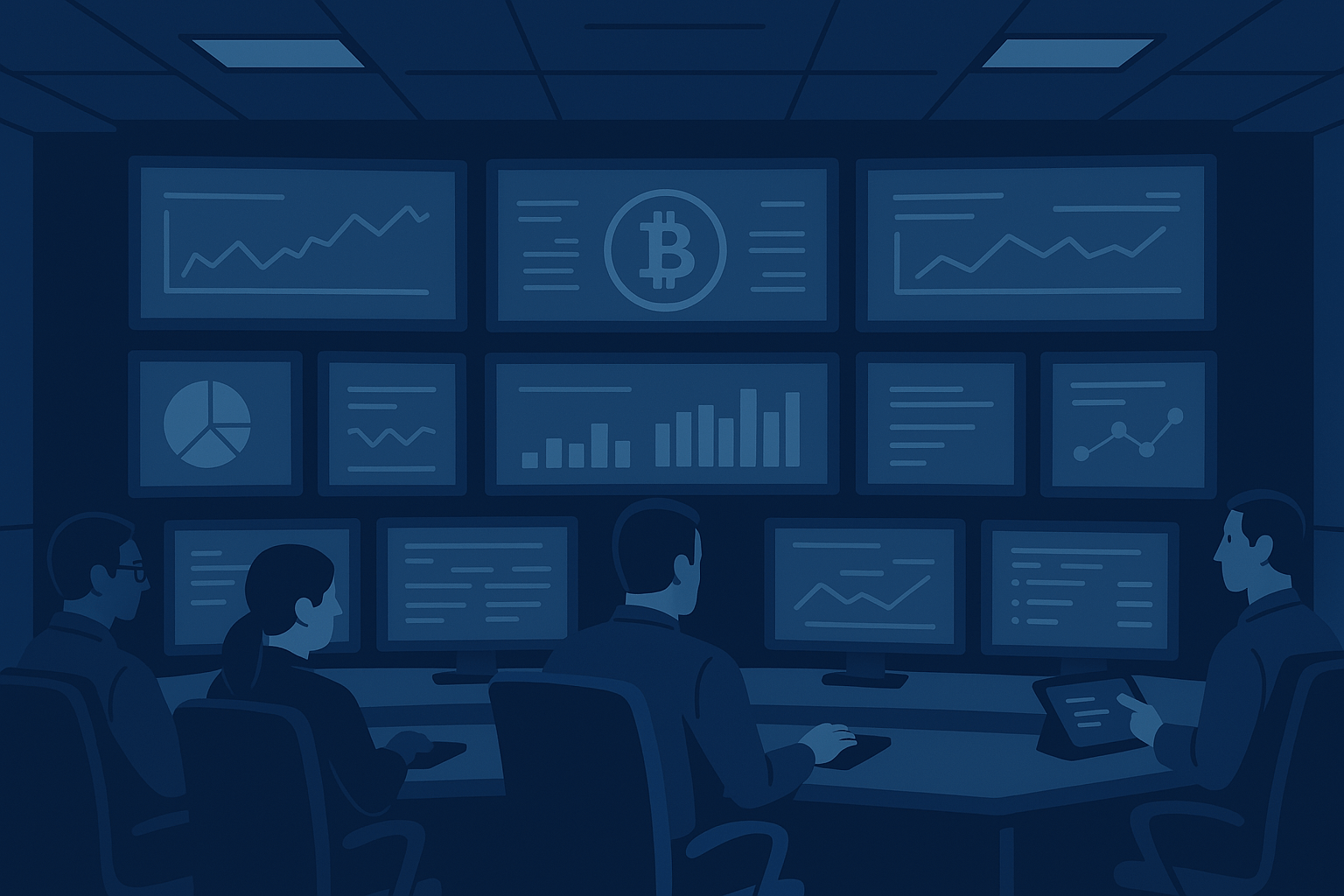 Crypto Mining Operations Center with team of professionals monitoring cryptocurrency mining data across multiple screens showing Bitcoin metrics and performance charts