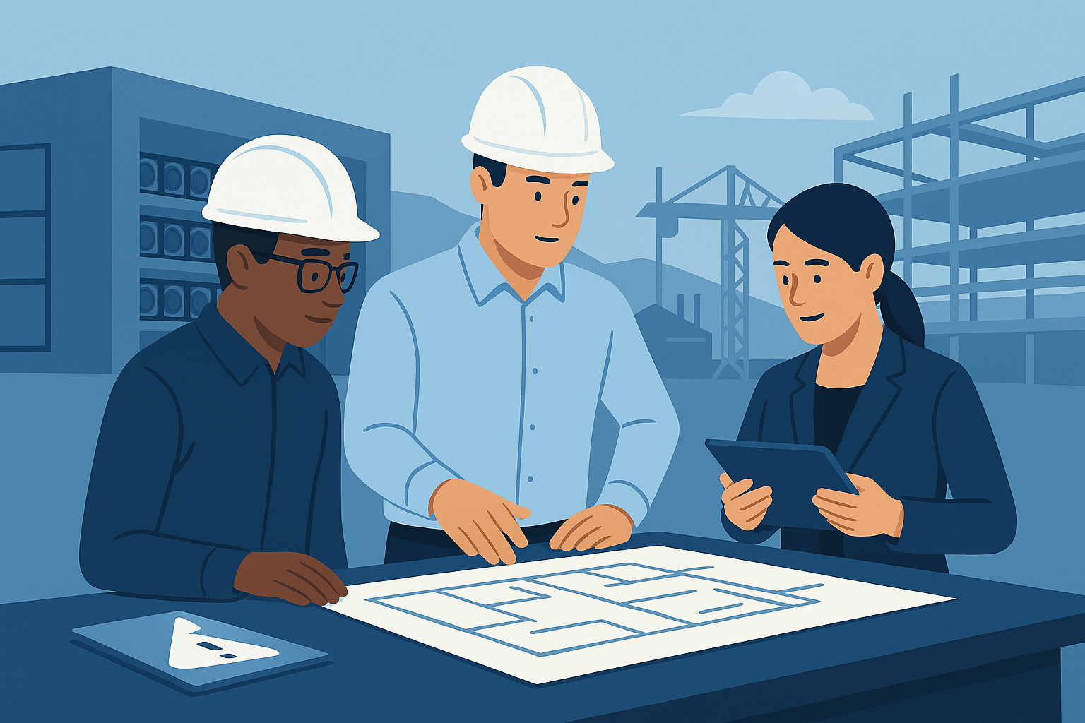 Project management team reviewing mining facility blueprints with engineers and business professionals collaborating at a mining site