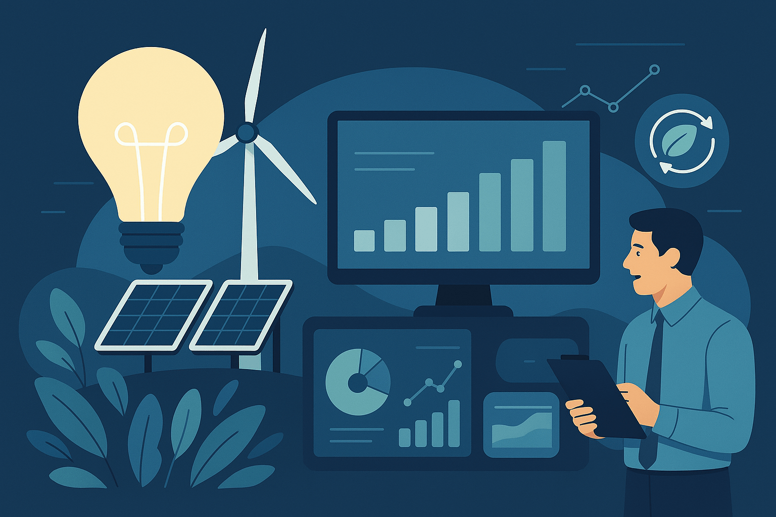 Energy management system with renewable sources, monitoring dashboards, and professional oversight