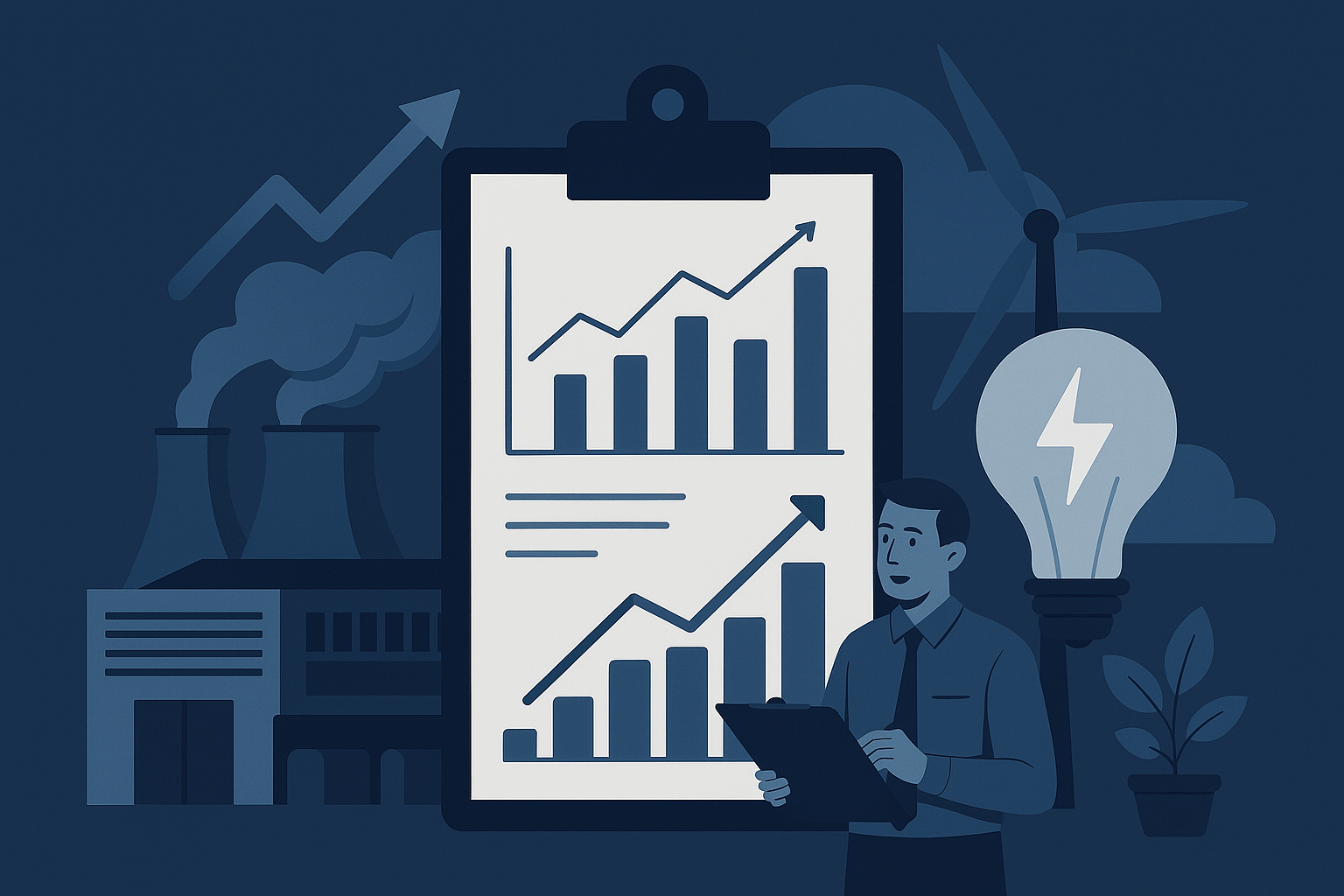 Energy management strategy with performance analytics, monitoring charts, and diverse energy sources