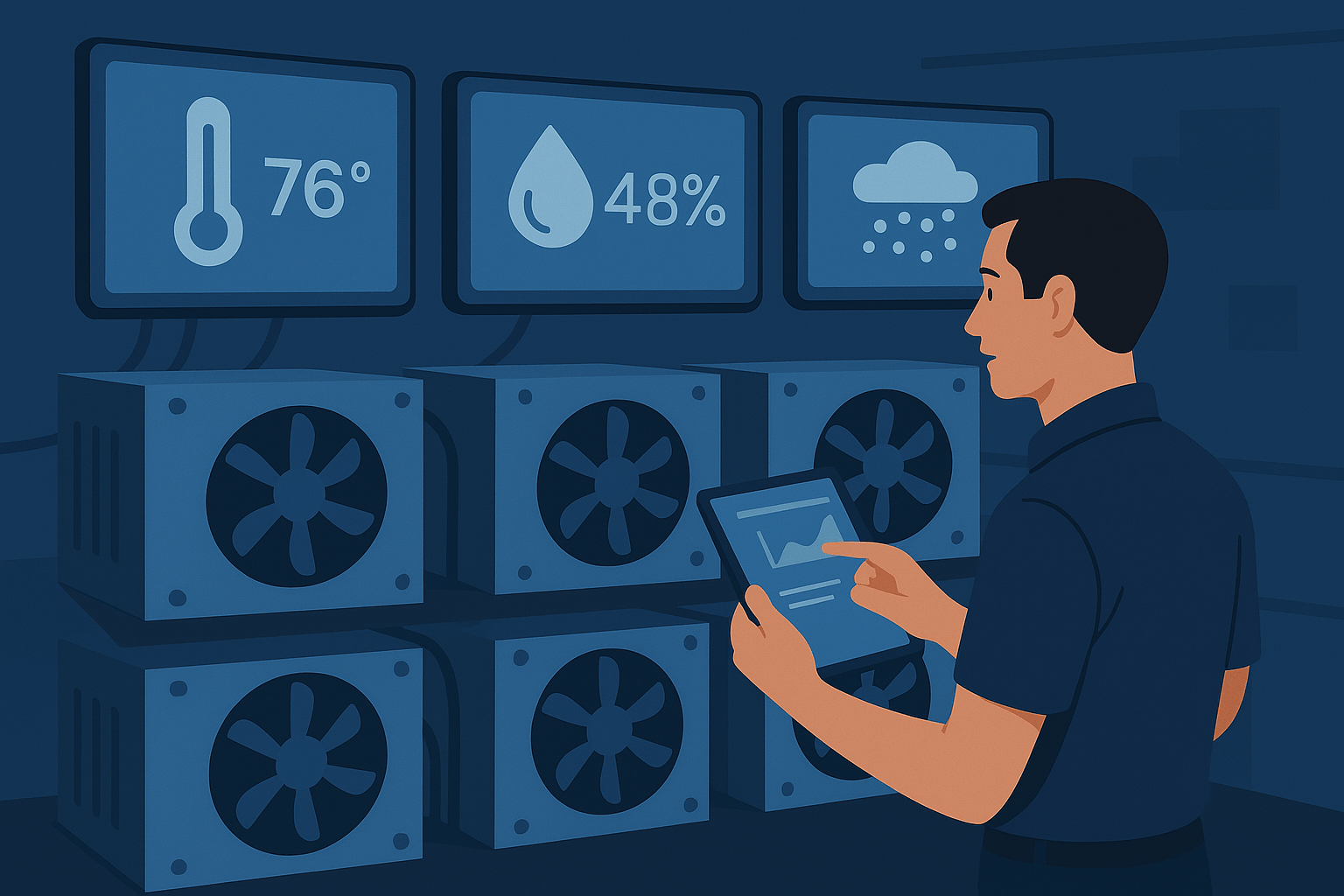 Technician monitoring cooling systems with digital displays showing temperature, humidity, and air quality metrics