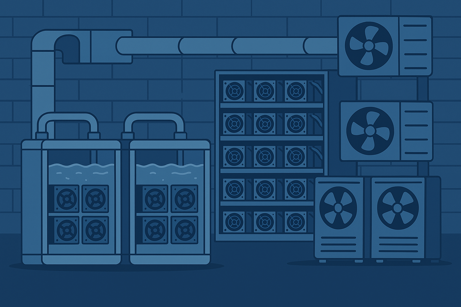 Mining cooling systems with immersion cooling and HVAC