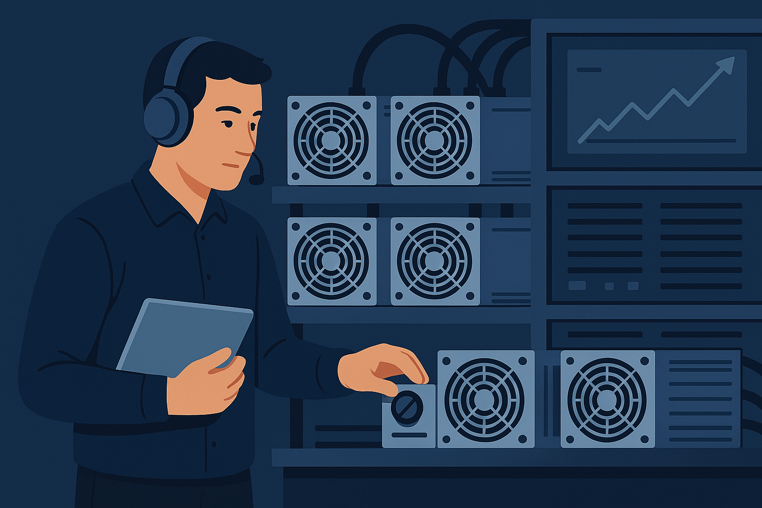 Technician configuring mining hardware and monitoring performance
