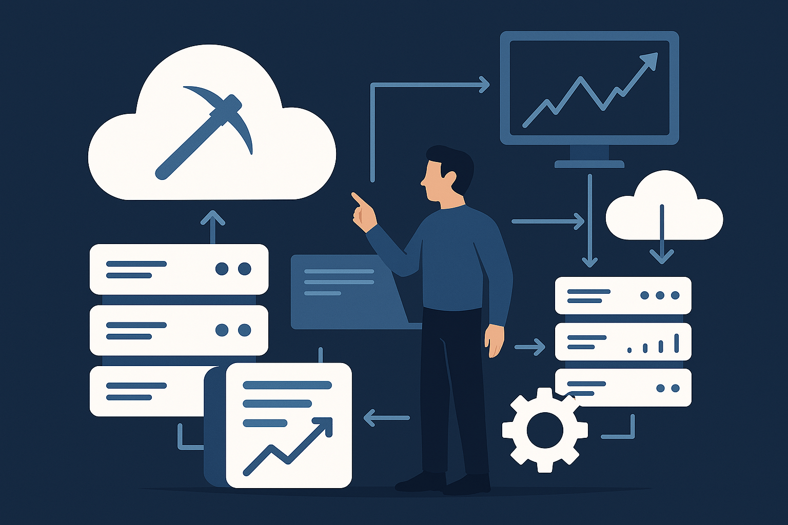 Hybrid Operational Model showing integration between on-site mining hardware and cloud-based management systems with centralized monitoring