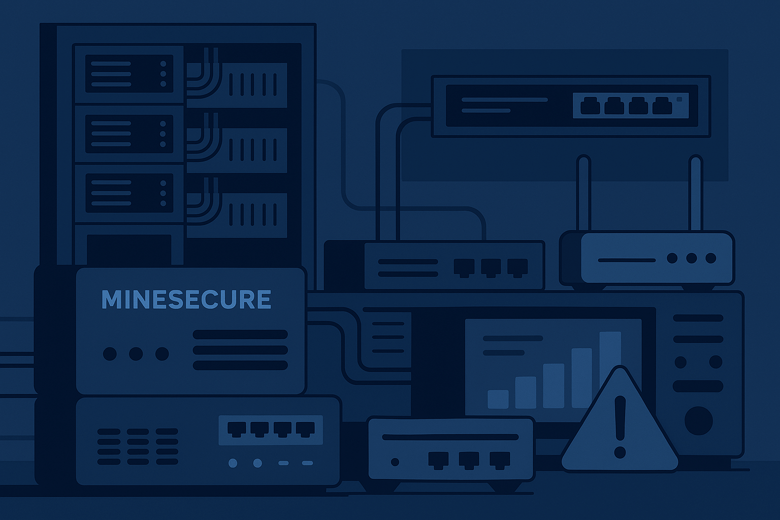 MineSecure enterprise hardware components including server racks, network switches, security appliances, and monitoring systems