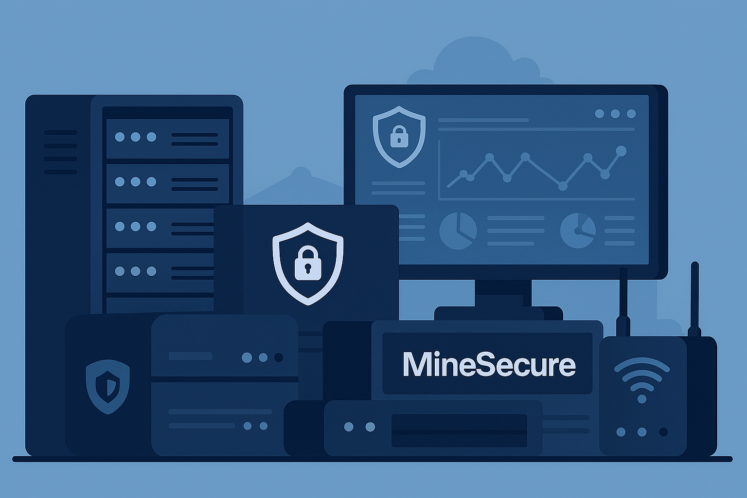 MineSecure Network Infrastructure showing security monitoring dashboard, server rack, and network security appliance