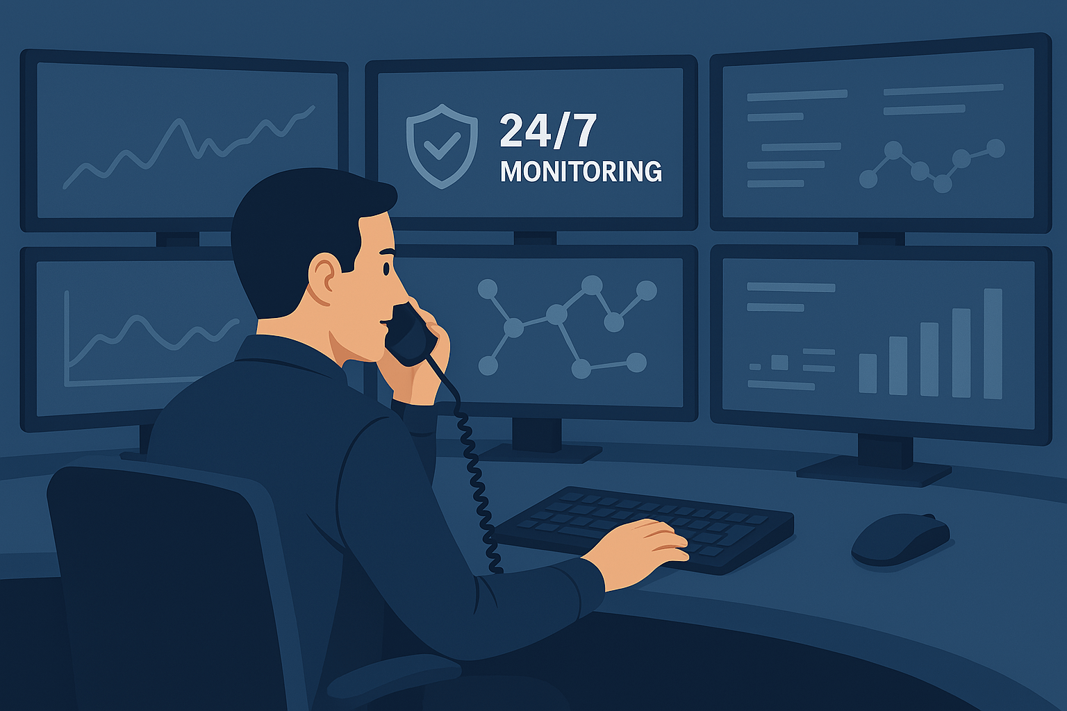 24/7 Network monitoring operations center with security professional responding to alerts while monitoring multiple data dashboards