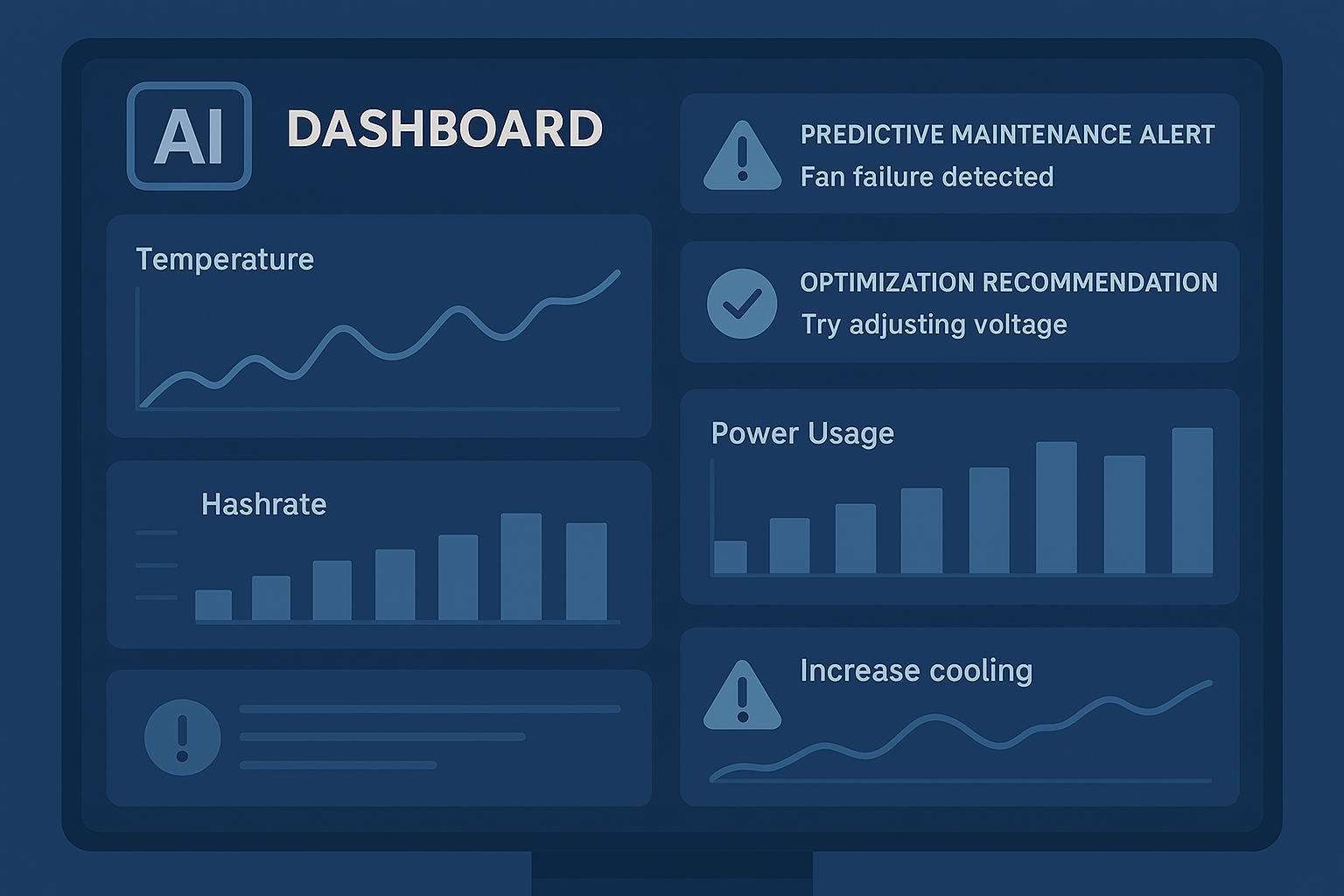 AI-powered mining analytics dashboard showing predictive maintenance alerts, optimization recommendations, and performance metrics