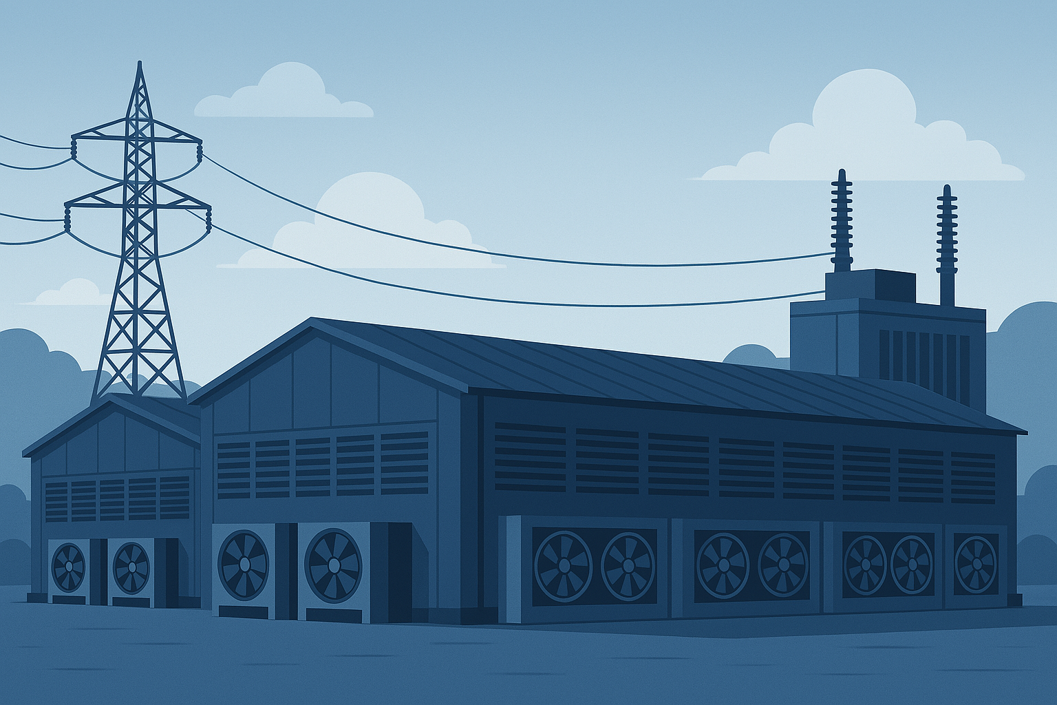Mining Facility Infrastructure with power transmission and cooling systems