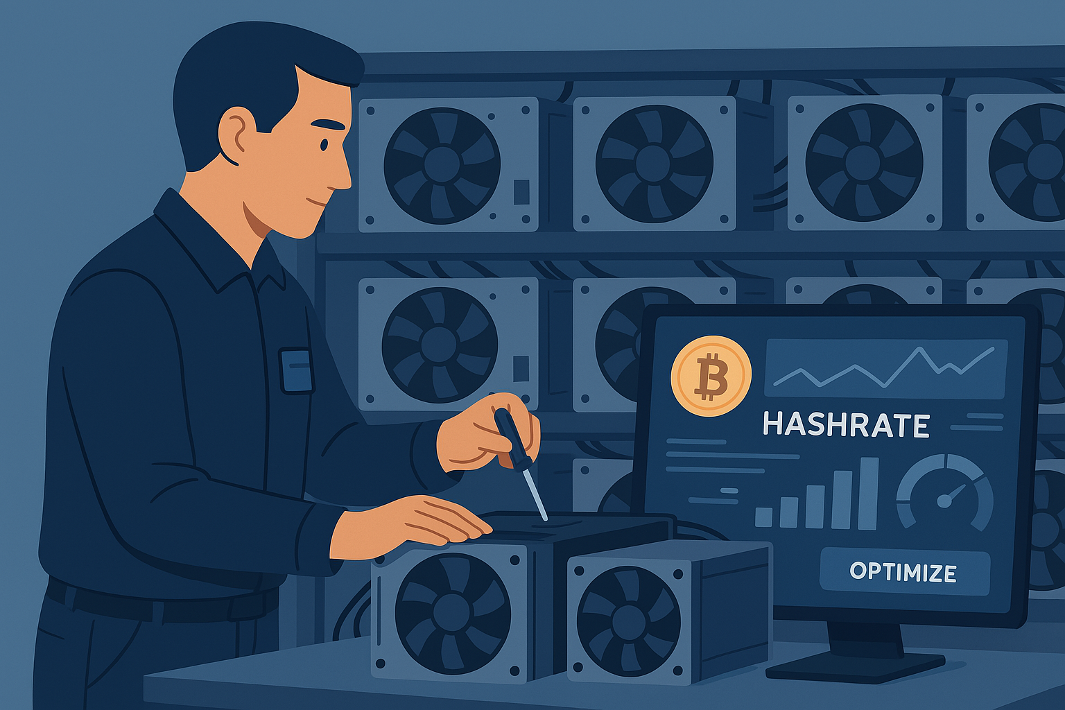 Technician optimizing mining hardware while monitoring hashrate performance