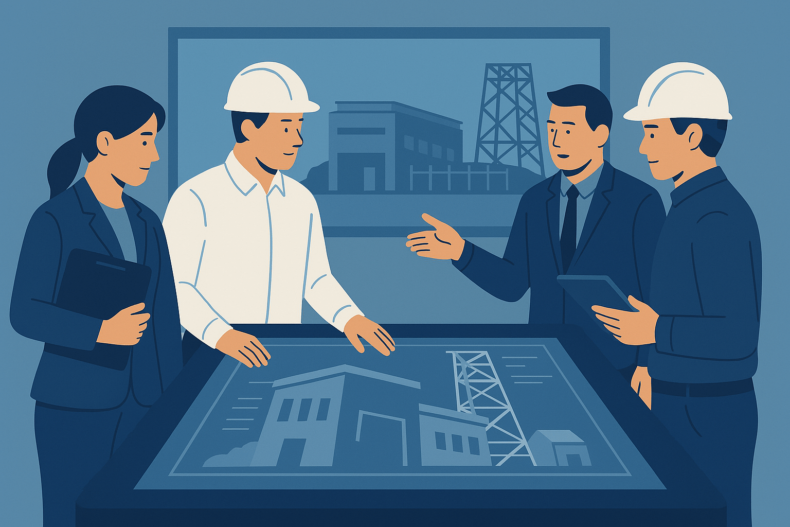 Project management team reviewing mining facility plans with engineers and executives collaborating around a digital blueprint