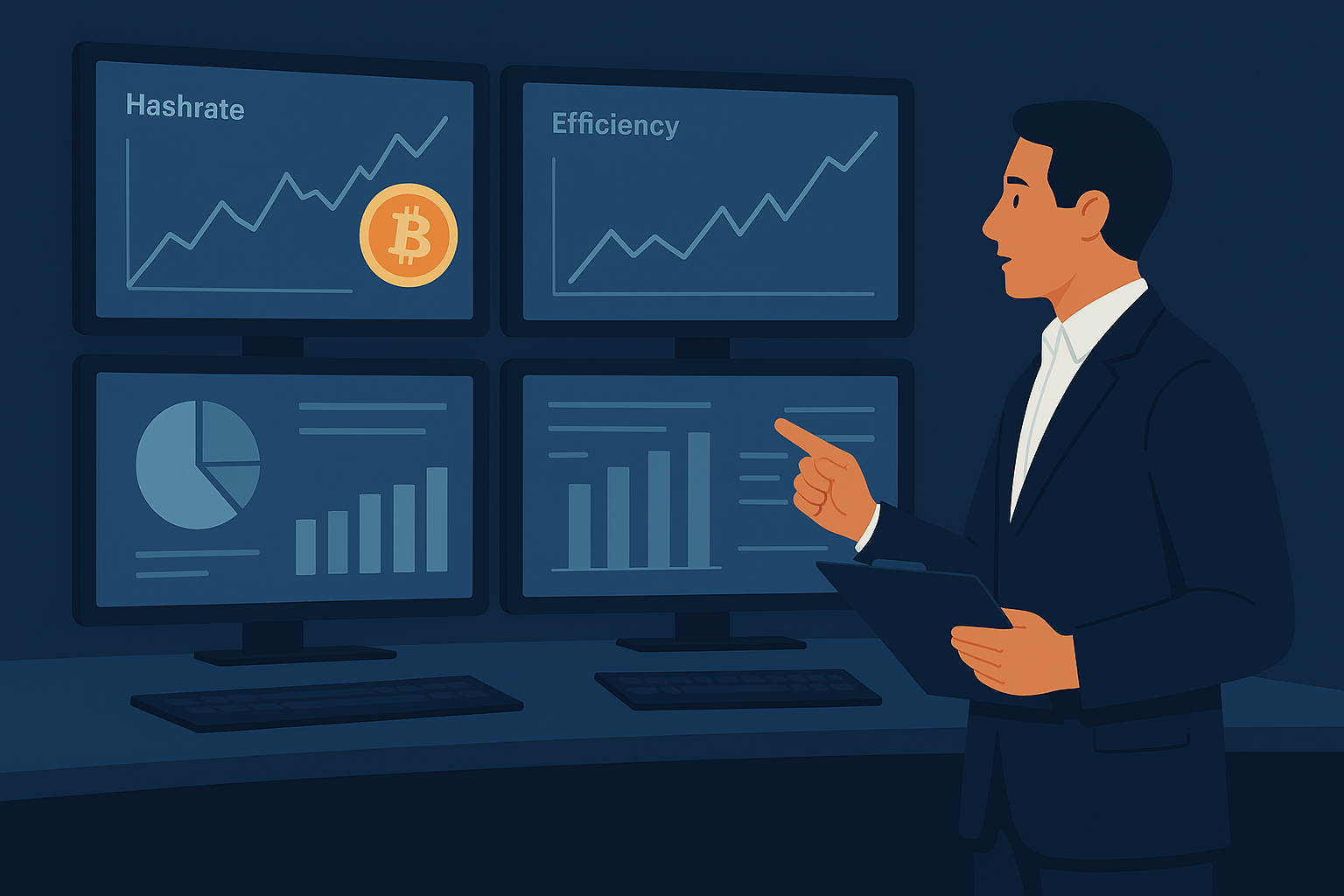 Professional analyzing cryptocurrency mining data across multiple monitors showing hashrate, efficiency, and performance metrics