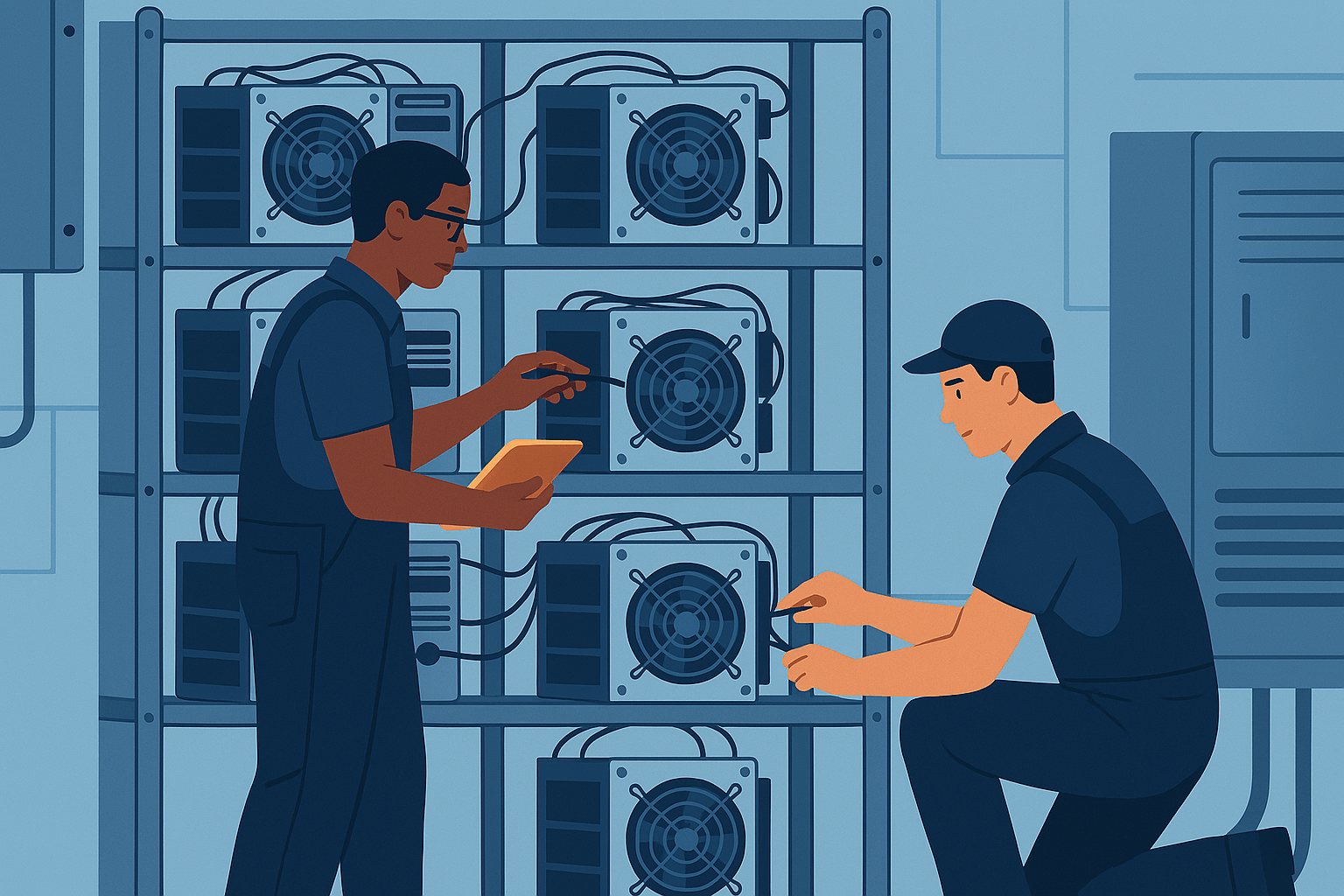 Technicians installing and configuring mining equipment