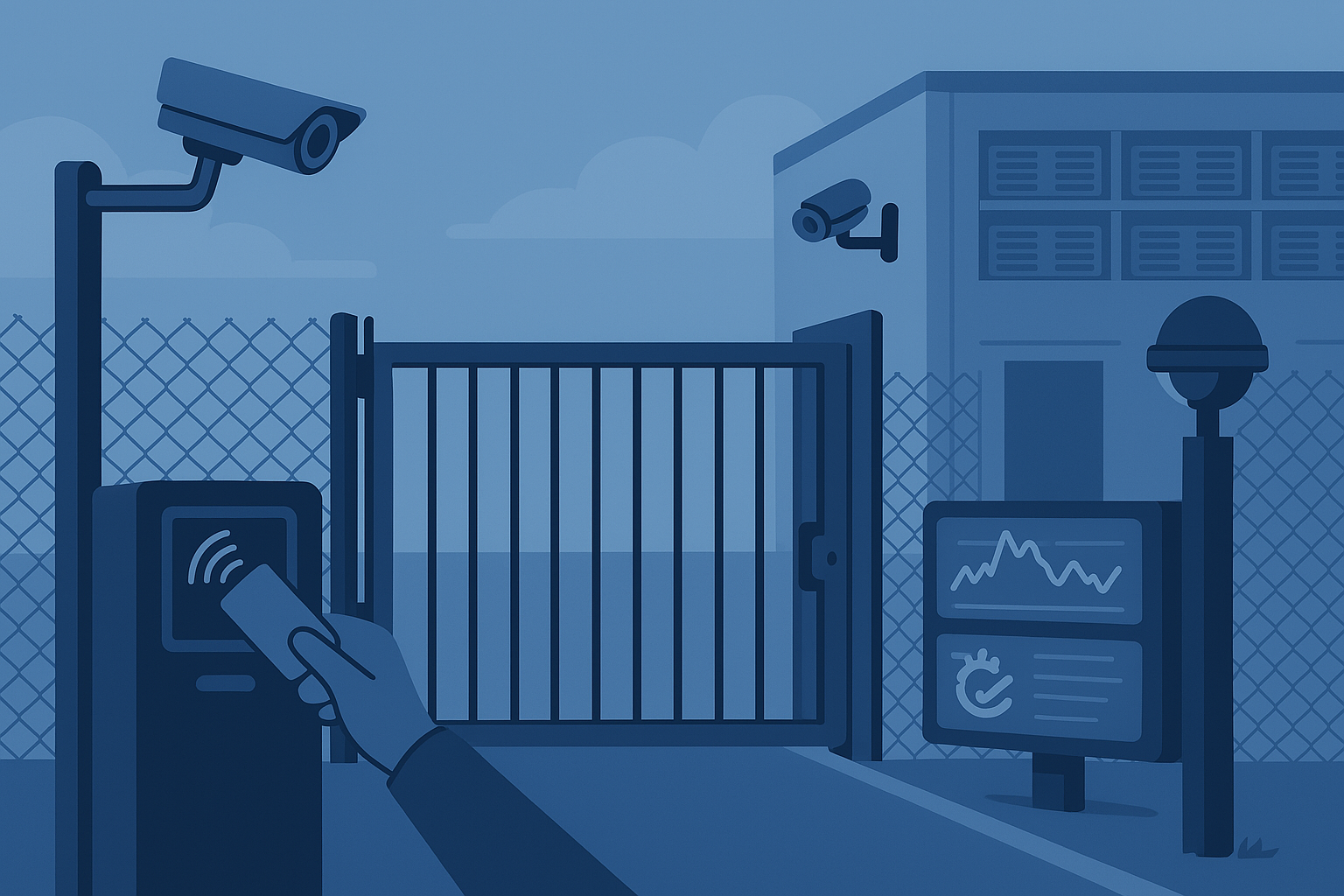 Physical Security Systems with surveillance cameras, access control, and security gate