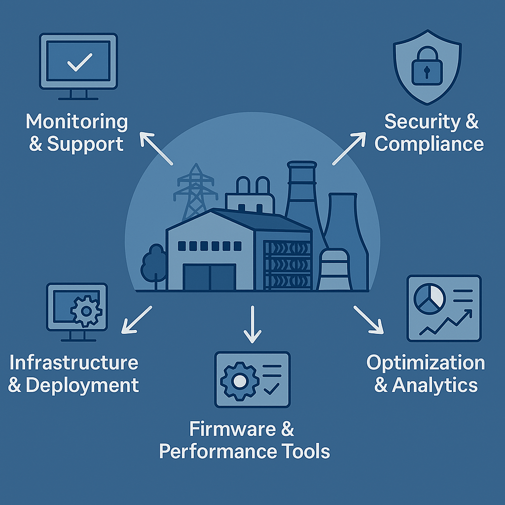 Integrated mining management system showing connections between monitoring, security, infrastructure, firmware, and optimization components