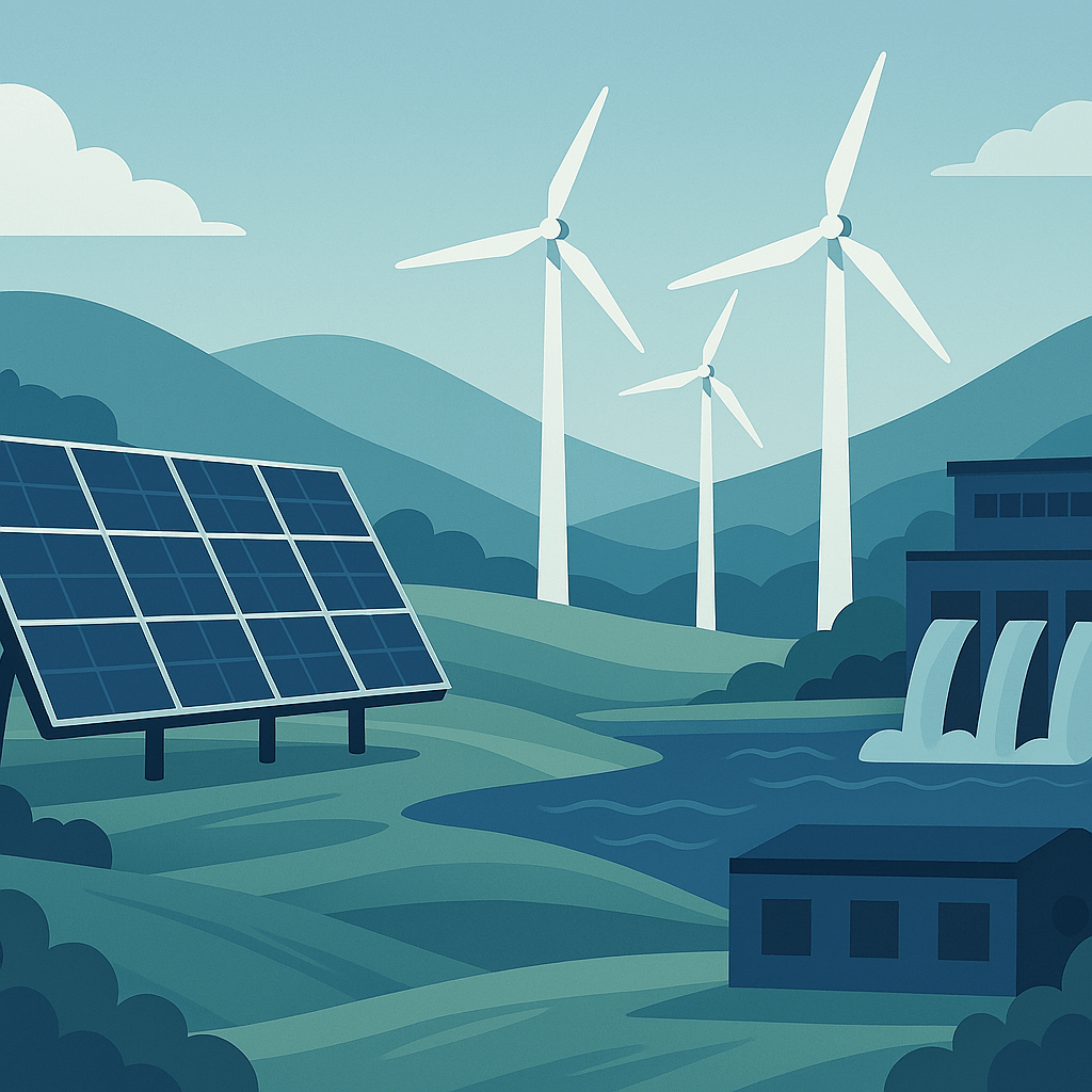 Renewable energy landscape with solar panels, wind turbines, and hydroelectric dam in a sustainable ecosystem