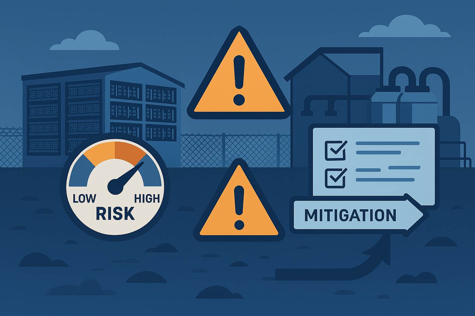 Risk management and mitigation illustration showing risk assessment gauge, warning indicators, and mitigation checklist for mining operations