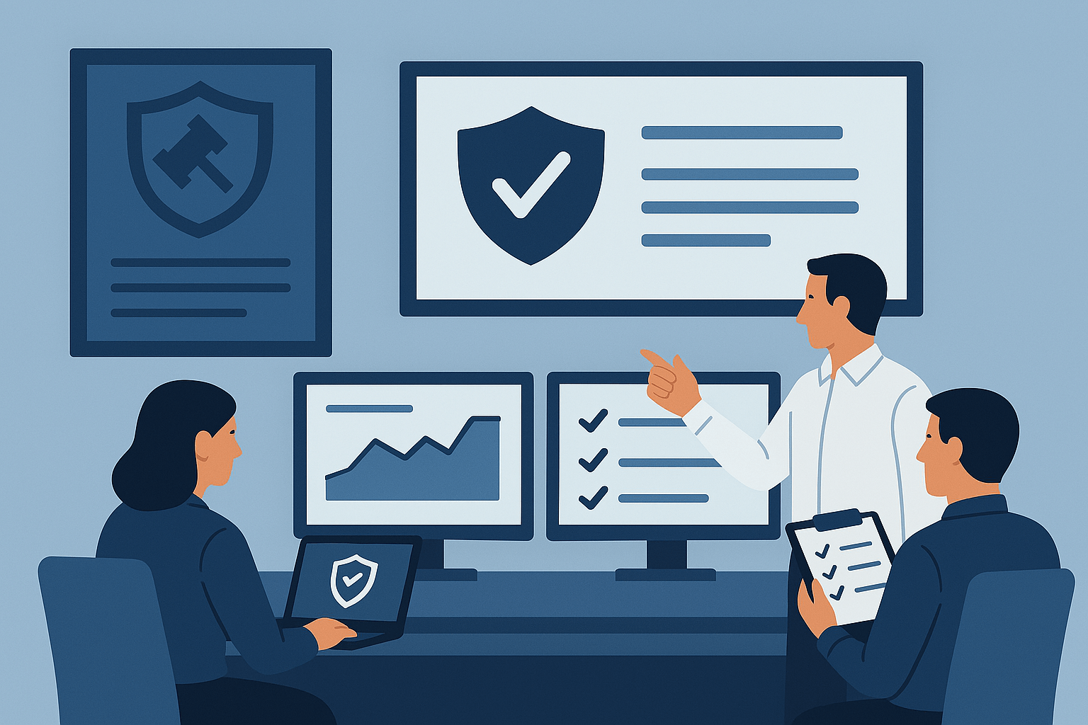 Security compliance team reviewing policies, conducting assessments, and monitoring security metrics
