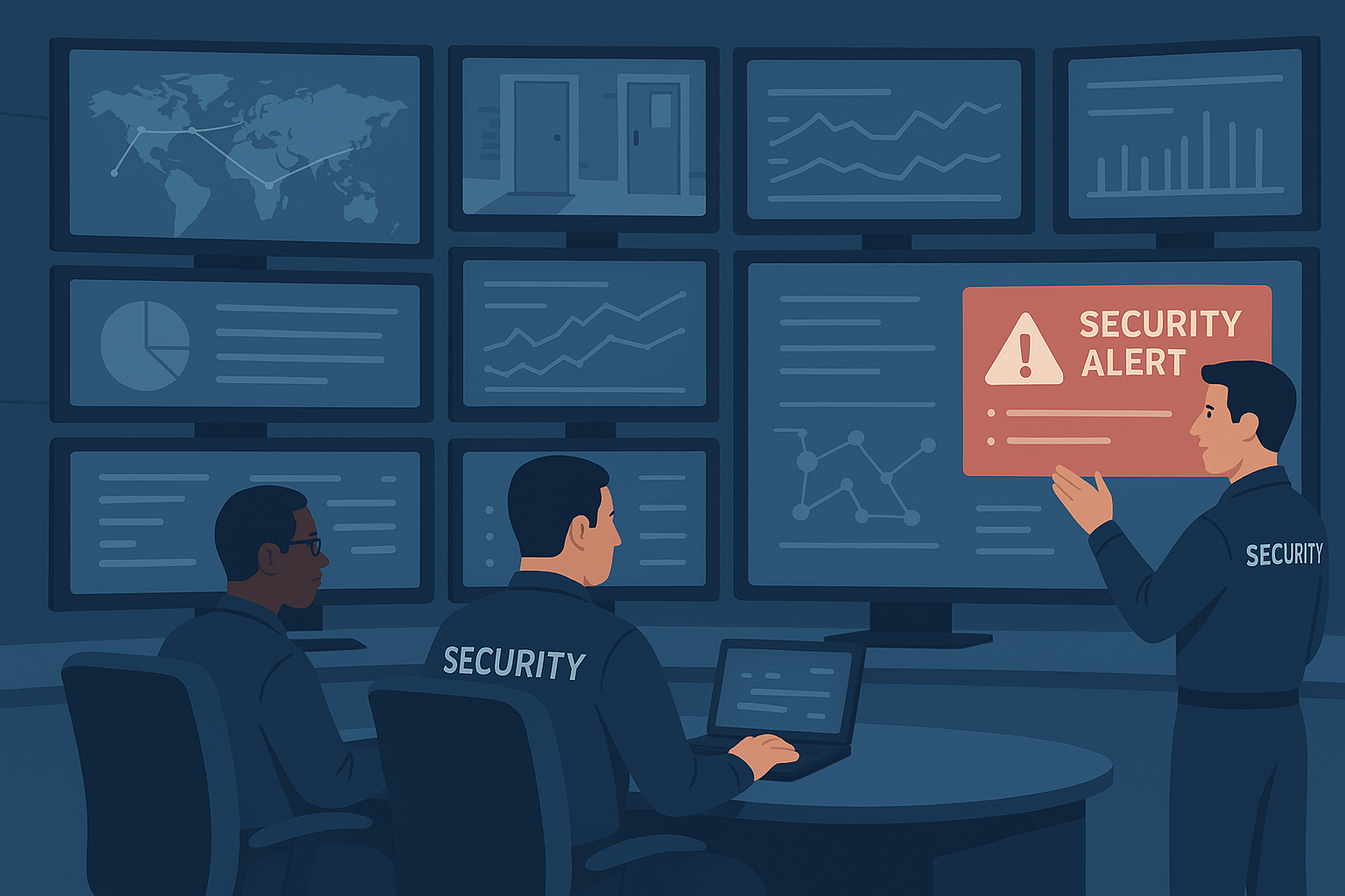 Security Operations Center with professionals monitoring multiple security screens showing network traffic, access control, and security alerts